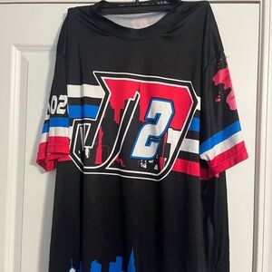 Black Graphic T-Shirt with Red and Blue Accents